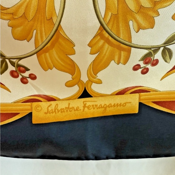 Salvatore Ferragamo Silk Pheasant Print Scarf w/ Navy Edging - Picture 2 of 7